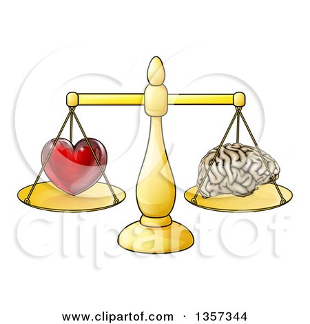 Clipart of a Red Heart and Brain on Golden Scales, Following Logic or Passions - Royalty Free Vector Illustration by AtStockIllustration