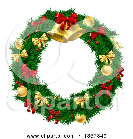 Clipart of a 3d Christmas Wreath of Branches, Holly Berries, Gold and Red Baubles, Bows and Bells - Royalty Free Vector Illustration by AtStockIllustration