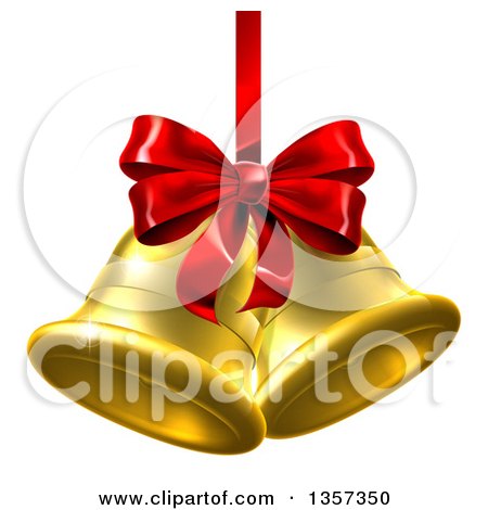 Clipart of 3d Gold Christmas Bells with a Red Ribbon and Bow - Royalty Free Vector Illustration by AtStockIllustration