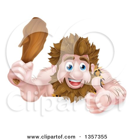 Clipart of a Cartoon Muscular Happy Caveman Giving a Thumb up and Holding a Club over a Sign - Royalty Free Vector Illustration by AtStockIllustration