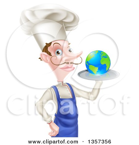 Clipart of a White Male Chef with a Curling Mustache, Holding Earth on a Platter - Royalty Free Vector Illustration by AtStockIllustration