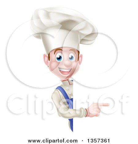 Clipart of a Young White Male Chef Pointing Around a Sign - Royalty Free Vector Illustration by AtStockIllustration