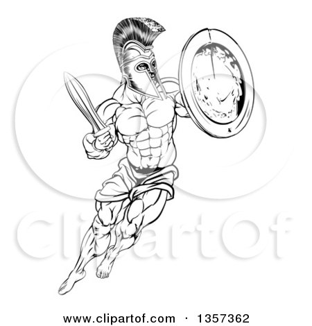 Clipart of a Lineart Black and White Muscular Spartan Man in a Helmet Fighting and Jumping with a Sword and Shield - Royalty Free Vector Illustration by AtStockIllustration