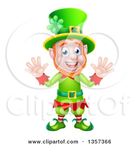 Clipart of a Cartoon Friendly St Patricks Day Leprechaun Waving with Both Hands - Royalty Free Vector Illustration by AtStockIllustration