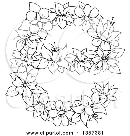 Clipart of a Black and White Lineart Floral Lowercase Letter E Design - Royalty Free Vector Illustration by Vector Tradition SM