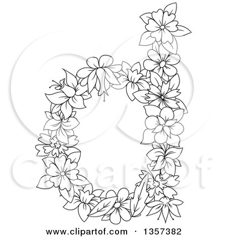 Clipart of a Black and White Lineart Lowercase Floral Letter D Design - Royalty Free Vector Illustration by Vector Tradition SM