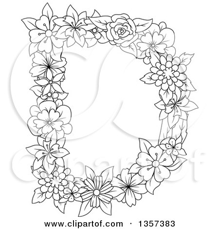 Clipart of a Black and White Lineart Capital Floral Letter D Design - Royalty Free Vector Illustration by Vector Tradition SM