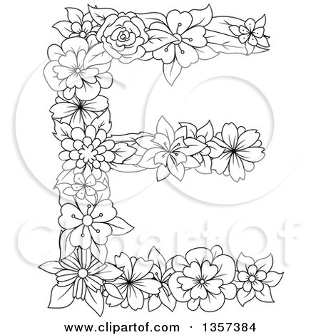 Clipart of a Black and White Lineart Floral Capital Letter E Design - Royalty Free Vector Illustration by Vector Tradition SM
