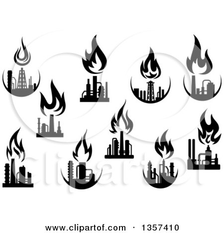Clipart of Black and White Silhouetted Natural Gas and Flame Factories - Royalty Free Vector Illustration by Vector Tradition SM