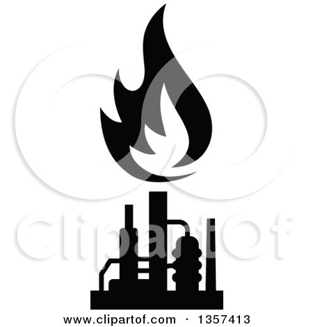 Clipart of a Black and White Silhouetted Natural Gas and Flame Factory - Royalty Free Vector Illustration by Vector Tradition SM
