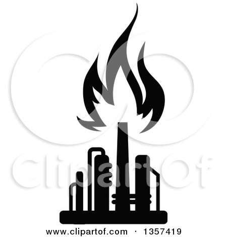 Clipart of a Black and White Silhouetted Natural Gas and Flame Factory - Royalty Free Vector Illustration by Vector Tradition SM