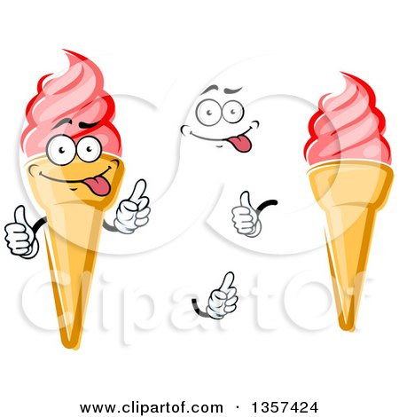 Clipart of a Cartoon Face, Hands and Pink Strawberry Waffle Ice Cream Cones - Royalty Free Vector Illustration by Vector Tradition SM