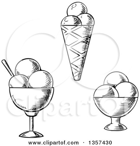 Clipart of Black and White Sketched Ice Cream Sundaes and a Cone - Royalty Free Vector Illustration by Vector Tradition SM