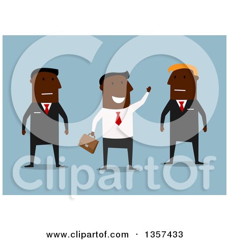 Clipart of a Flat Design Black Businessman Waving by Guards, on Blue - Royalty Free Vector Illustration by Vector Tradition SM