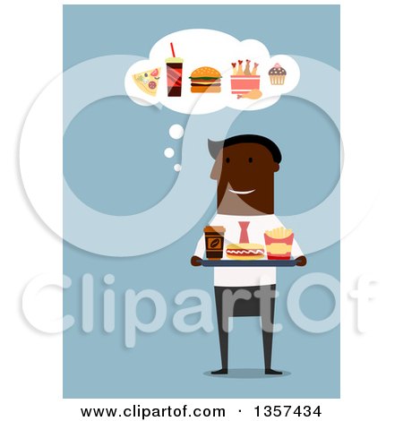 Clipart of a Flat Design Black Businessman Holding a Tray of Fast Food, on Blue - Royalty Free Vector Illustration by Vector Tradition SM