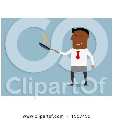 Clipart of a Flat Design Black Businessman Flipping a Pancake, on Blue - Royalty Free Vector Illustration by Vector Tradition SM