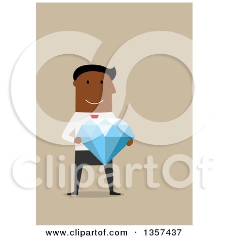 Clipart of a Flat Design Black Businessman Holding a Giant Diamond, on Blue - Royalty Free Vector Illustration by Vector Tradition SM