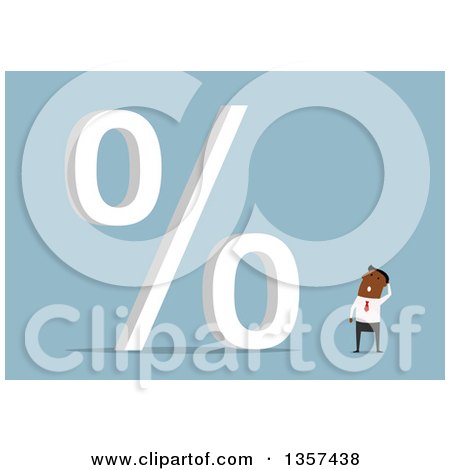 Clipart of a Flat Design Black Businessman Looking at a Giant Percent Symbol, on Blue - Royalty Free Vector Illustration by Vector Tradition SM