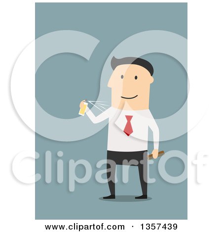 Clipart of a Flat Design White Business Man Spraying Cologne, on Blue - Royalty Free Vector Illustration by Vector Tradition SM