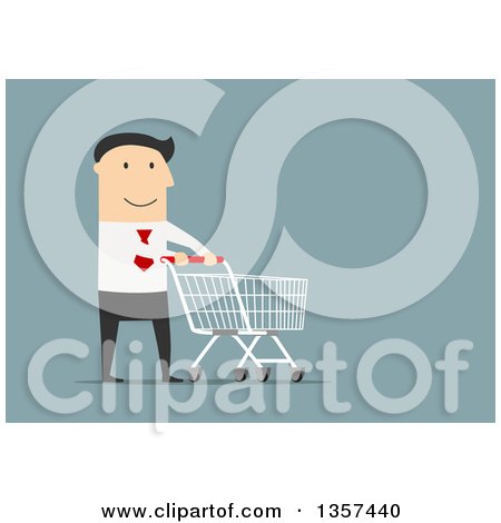 Clipart of a Flat Design White Business Man Pushing a Shopping Cart, on Blue - Royalty Free Vector Illustration by Vector Tradition SM