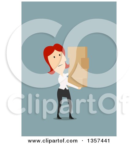 Clipart of a Flat Design Tired Red Haired White Business Woman Carrying Boxes, on Blue - Royalty Free Vector Illustration by Vector Tradition SM