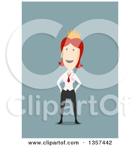 Clipart of a Flat Design Red Haired White Business Woman Wearing a Crown, on Blue - Royalty Free Vector Illustration by Vector Tradition SM