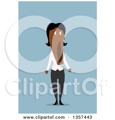 Clipart of a Flat Design Shocked Black Business Woman with Her Mouth Hanging Open, over Blue - Royalty Free Vector Illustration by Vector Tradition SM