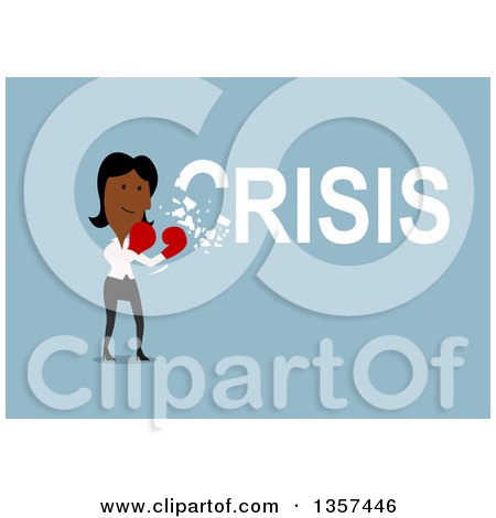 Clipart of a Flat Design Black Businesswoman Punching and Solving a Crisis, on Blue - Royalty Free Vector Illustration by Vector Tradition SM