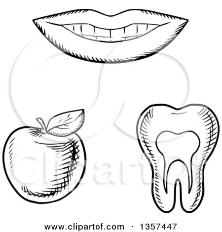 Clipart of Black and White Sketched Mouth, Tooth and Apple - Royalty Free Vector Illustration by Vector Tradition SM