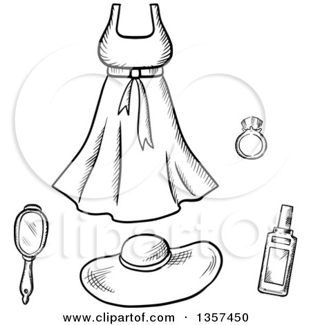 Clipart of Black and White Sketched Lady Beauty Products and a Dress - Royalty Free Vector Illustration by Vector Tradition SM
