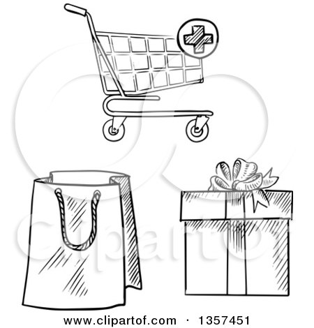 Clipart of a Black and White Sketched Shopping Bag, Gift, and Cart - Royalty Free Vector Illustration by Vector Tradition SM