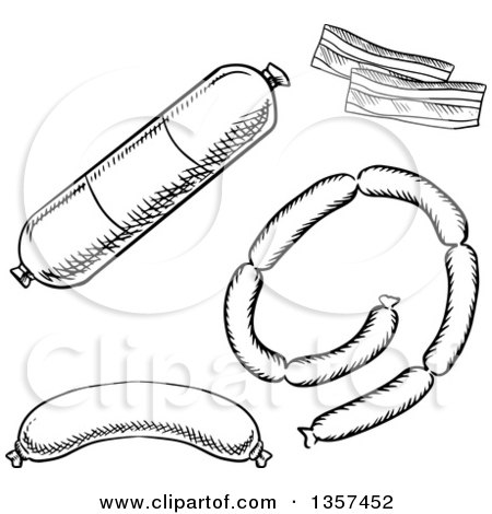 Clipart of Black and White Sketched Bacon and Sausages - Royalty Free Vector Illustration by Vector Tradition SM