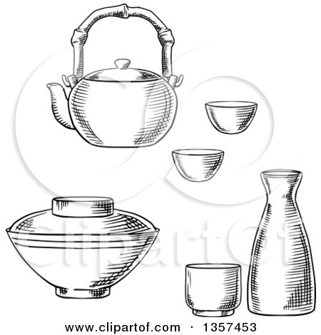 Clipart of Black and White Sketched Japanese Tableware with Sake Ceramic Set, Dobin Mushi Teapot with Bamboo Handle and Donburi Rice or Soup Bowl - Royalty Free Vector Illustration by Vector Tradition SM