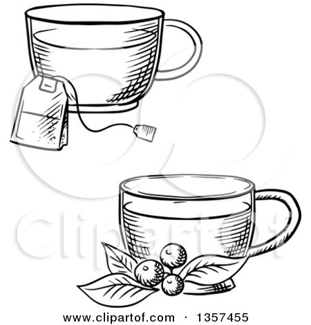 Clipart of Black and White Sketched Cups of Hot Tea with a Bag and Cowberry Branch - Royalty Free Vector Illustration by Vector Tradition SM