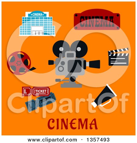 Clipart of a Flat Design Movie Camera and Production Items over Text on Orange - Royalty Free Vector Illustration by Vector Tradition SM