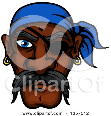 Clipart of a Cartoon Tough Black Male Pirate Wearing an Eye Patch and a Blue Bandana - Royalty Free Vector Illustration by Vector Tradition SM
