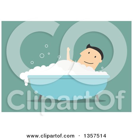 Clipart of a Flat Design White Man Waving and Soaking in a Bath Tub, on Green - Royalty Free Vector Illustration by Vector Tradition SM