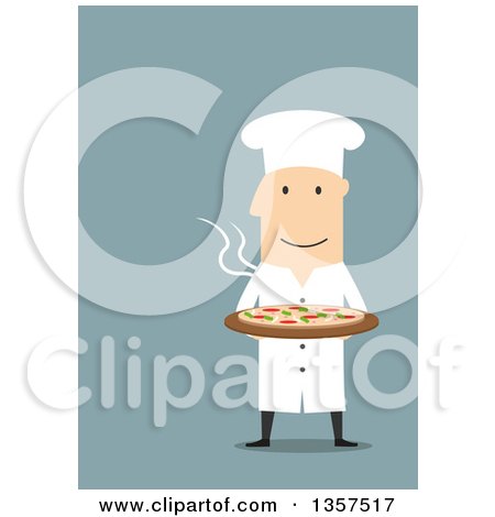 Clipart of a Flat Design White Male Chef Holding a Hot Pizza, on Blue - Royalty Free Vector Illustration by Vector Tradition SM