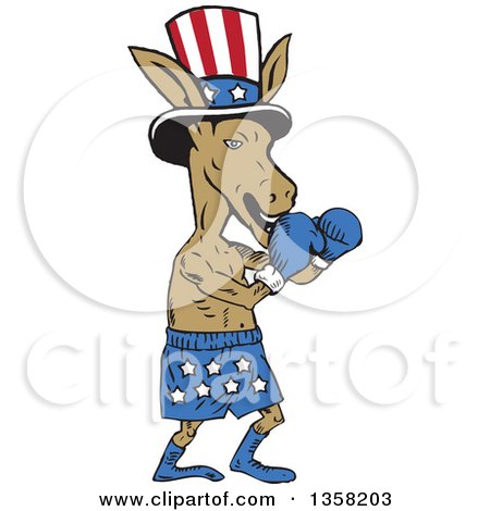 Clipart of a Cartoon Democratic Donkey Boxer Wearing a Top Hat - Royalty Free Vector Illustration by patrimonio