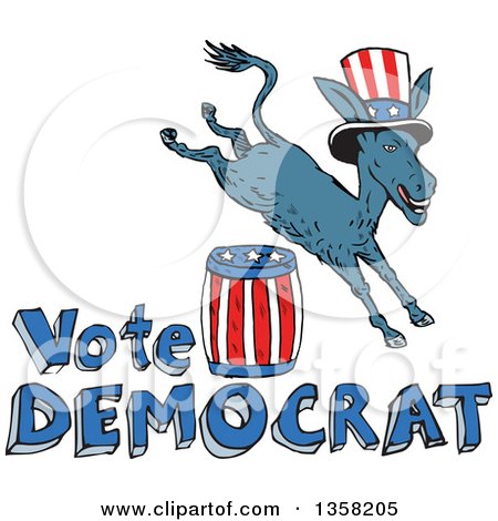 Clipart of a Cartoon Leaping Donkey Wearing a Top Hat and Jumping over an American Barrel and Vote Democrat Text - Royalty Free Vector Illustration by patrimonio
