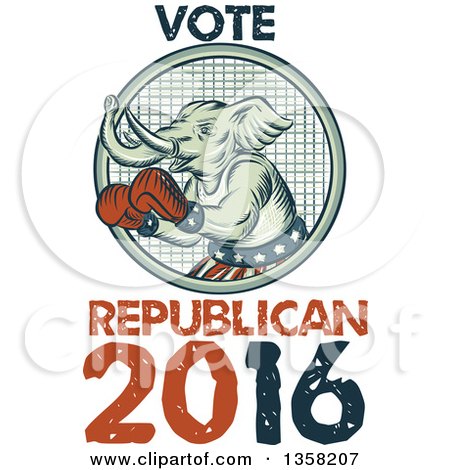 Clipart of a Retro Sketched or Engraved Political Elephant Boxer with Vote Republican 2016 Text - Royalty Free Vector Illustration by patrimonio