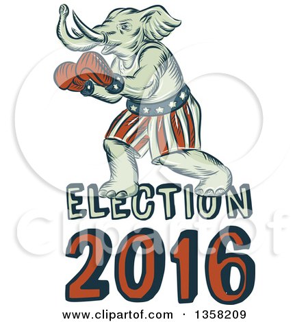 Clipart of a Retro Sketched or Engraved Political Elephant Boxer with Election 2016 Text - Royalty Free Vector Illustration by patrimonio