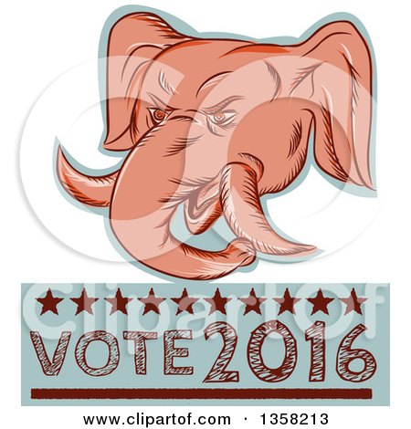 Clipart of a Retro Sketched or Engraved Political Elephant with Vote Republican 2016 Text - Royalty Free Vector Illustration by patrimonio