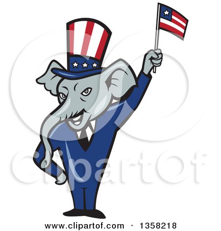 Clipart of a Cartoon Republican Elephant Wearing a Suit and Top Hat, Waving an American Flag - Royalty Free Vector Illustration by patrimonio