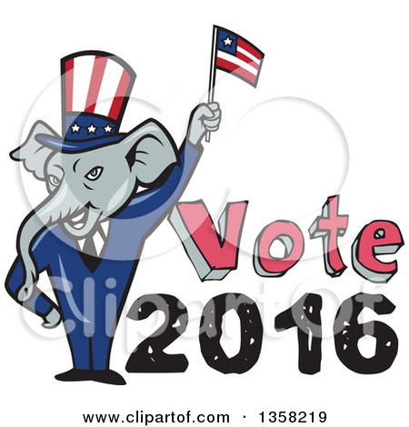 Clipart of a Cartoon Republican Elephant Wearing a Suit and Top Hat, Waving an American Flag with Vote 2016 Text - Royalty Free Vector Illustration by patrimonio