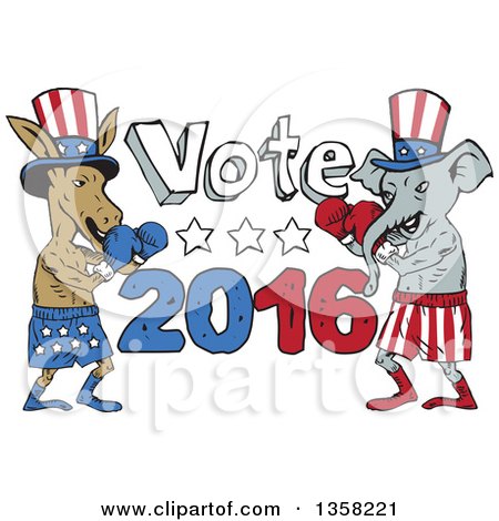 Clipart of Cartoon Democratic Donkey and Republican Elephant Boxers Ready to Fight by Vote 2016 Text - Royalty Free Vector Illustration by patrimonio