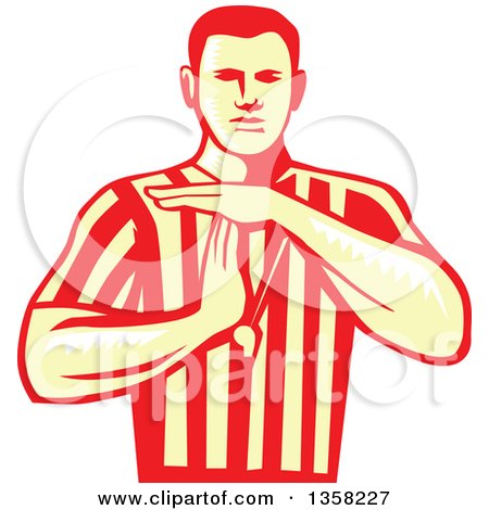 Clipart of a Yellow and Red Woodcut Retro Male Basketball Referee Gesturring Technical Foul - Royalty Free Vector Illustration by patrimonio