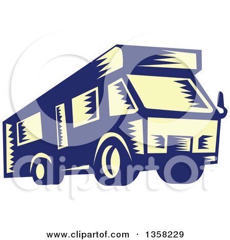 Clipart of a Retro Woodcut Yellow and Blue RV Camper Van - Royalty Free Vector Illustration by patrimonio