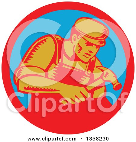 Clipart of a Retro Woodcut Male Carpenter Worker Using a Hammer in a Red and Blue Circle - Royalty Free Vector Illustration by patrimonio