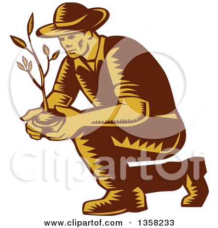 Clipart of a Retro Woodcut Brown and Yellow Male Farmer Planting an Organic Tree or Plant - Royalty Free Vector Illustration by patrimonio